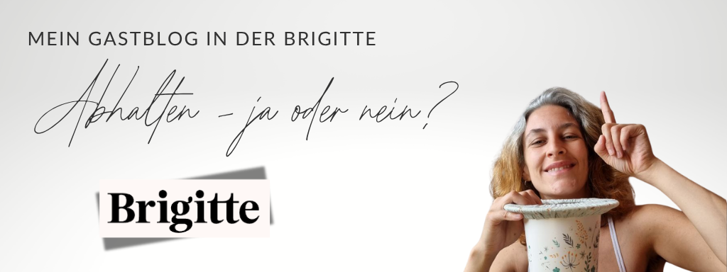 Frau mit Töpfchen hebt Finger Brigitte abhalten Windelfrei