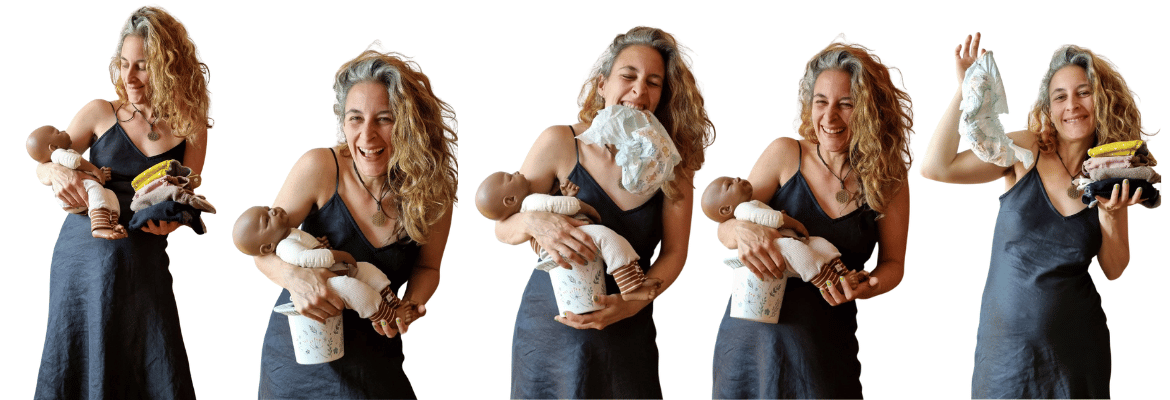 5 Mal nebeneinander hantiert eine Frau mit Töpfchen, Baby und Windeln, WindelFREI, female instinct